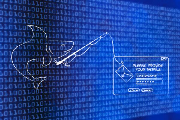 shark with fishing rod capturing login credentials, concept of phishing and malware attacks to trick users into giving away their login information or private data