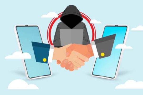 Vector illustration of hacker penetrating a hand shake of two mobile phone. Cybersecurity concept. Unsecure connection.