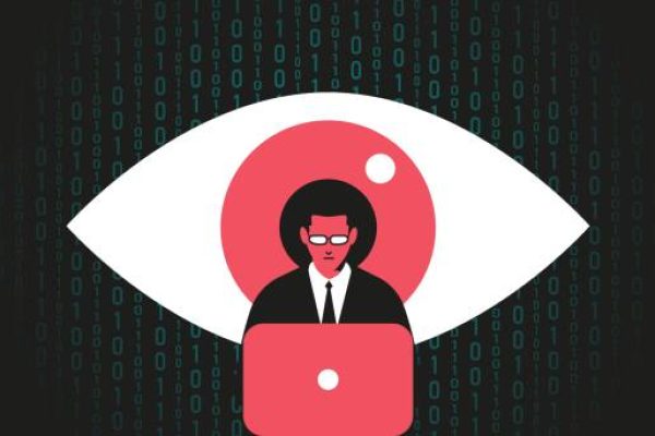 Giant eye watching at man working at the computer. Surveillance, hacking, internet security concept. Flat vector illustration.