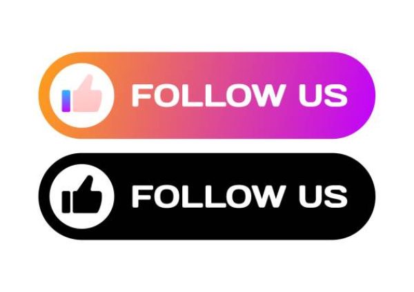 Follow us buttons. Different styles, red, thumbs up, follow us buttons for ui design. Vector icons